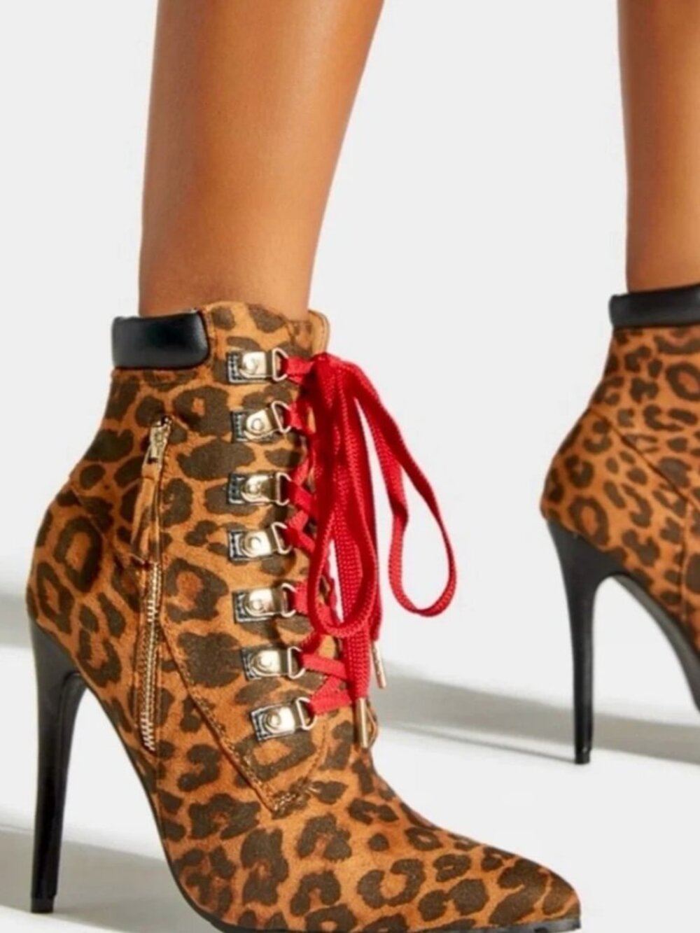 Leopard Print Ankle Boots with Red Laces